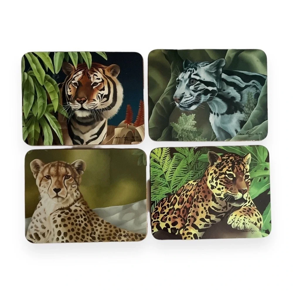 National Wildlife Federation Coasters Set of 4 Tiger Leopard Hardboard Cork 1993
